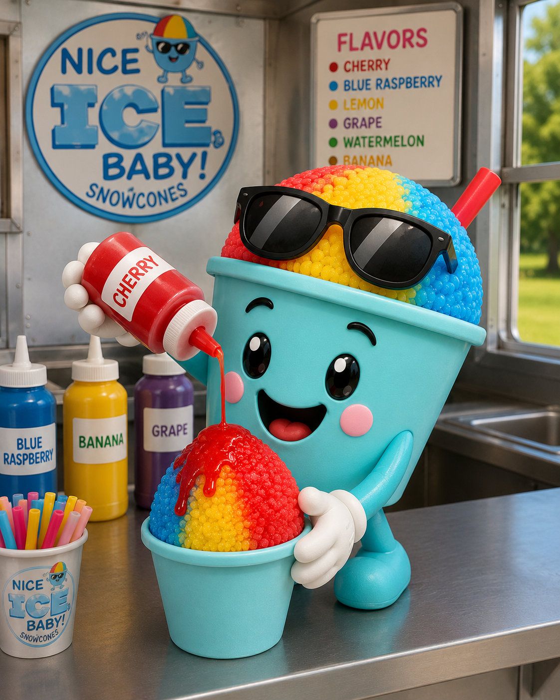Nice Ice Baby mascot holding cherry syrup inside the truck