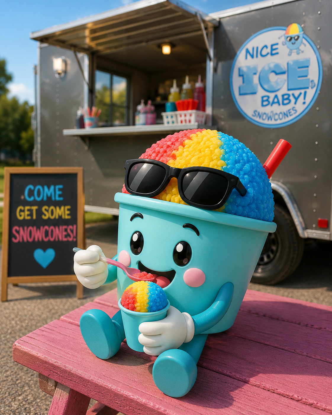 Nice Ice Baby mascot sitting by the snowcone truck with a rainbow cone